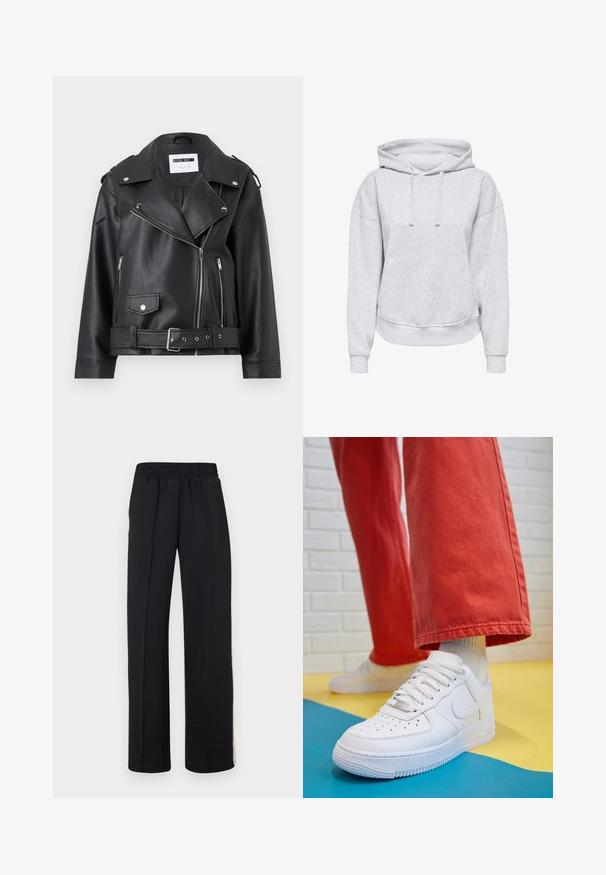 Črna cowboy jakna iz umetnega usnja s srebrnimi zadrgami, pasom in epauleti. Ima širok ovratnik in asimetrično zadrgo spredaj.; Siva kapuca s sproščeno prileganjem, z vrvicami, rebrastimi manšetami in sprednjim žepom. Narejena iz mehke, teksturirane tkanine.; Črne široke hlače z elastičnim pasom in gladko teksturo. Brez vidnih vzorcev ali dodatkov.; Beli usnjeni športni čevlji s perforiranim prstnim delom, teksturiranim podplatom in belimi vezalkami, v kombinaciji s širokimi rdečimi hlačami in modro-rumeno ozadje.