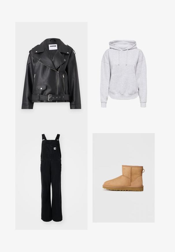 Crna faux kožna biker jakna sa srebrnim patentnim zatvaračima, pojasom u struku i epoletama. Ima široki ovratnik i asimetrično kopčanje na cijeloj dužini.; Sivi kapuljača s opuštenim krojem, s vezicama, rebrastim manžetama i prednjim džepom. Izrađena od meke, teksturirane tkanine.; Crni traper overal sa širokim nogavicama, podesivim trakama, prednjim džepom i logom na prsima. Čvrsta tkanina s mat završnom obradom.; Anđeoske čizme od brušene kože u bež boji sa okruglim prstom, šivenim detaljima, petnim trakama i teksturiranim gumenim đonom. Dizajnirane za udobnost i toplinu.