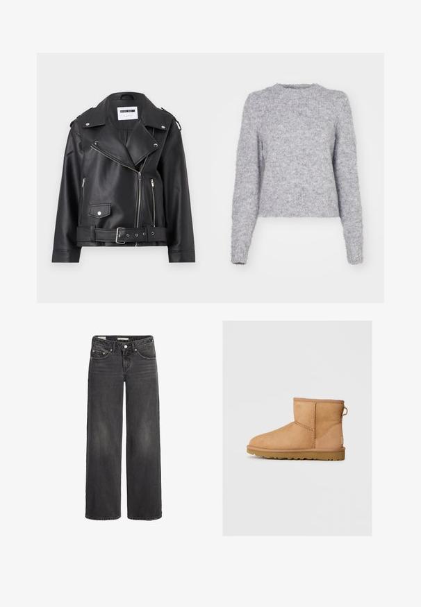 Zwarte nepleer motorjack met zilveren ritssluitingen, ceintuur in de taille en epauletten. Voorzien van een brede kraag en een asymmetrische ritssluiting aan de voorkant.; Grijze gebreide trui met een ronde hals, lange mouwen en een zachte, fuzzy textuur. Heeft een verkorte zoom met een iets losse pasvorm.; Brede zwarte denim jeans met een hoge taille, voorzien van een knoopsluiting, riemlussen en voor- en achterzakken. Verweerd textuurdetail.; Tan suède enkellaars met ronde neus, gestikte details, trekhaak aan de achterkant en een gestructureerde rubberen zool. Ontworpen voor comfort en warmte.