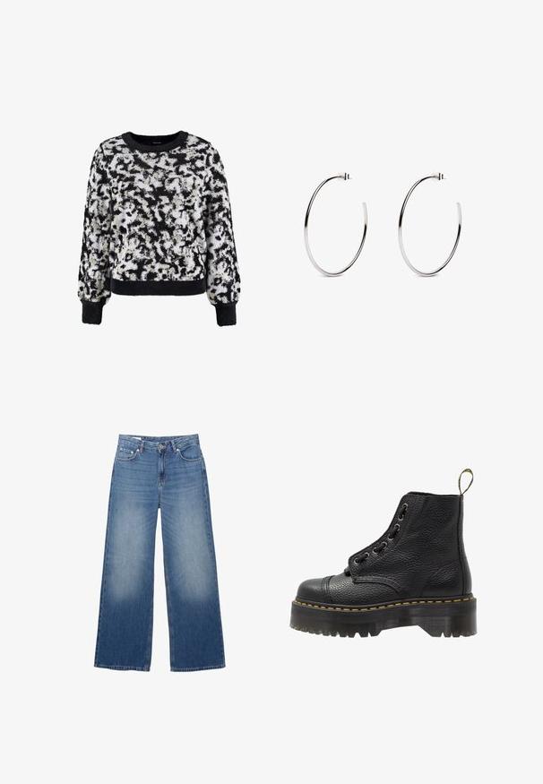 Black faux leather biker jacket with silver zippers, belted waist, and epaulets. Features a wide collar and asymmetric front zip closure.; Taifun LANGARM RUNDHALS - Jumper - offwhite gemustert; Wide-leg, light blue denim jeans with a faded appearance, five pockets, and a button closure at the waist. Cotton material, straight cut.; Black leather ankle boot with textured surface, round toe, lace-up design, yellow stitching, and a thick, ridged black platform sole.; Silver hoop earrings with a minimalist design, featuring a smooth, circular shape and a polished finish, secured by a post closure.