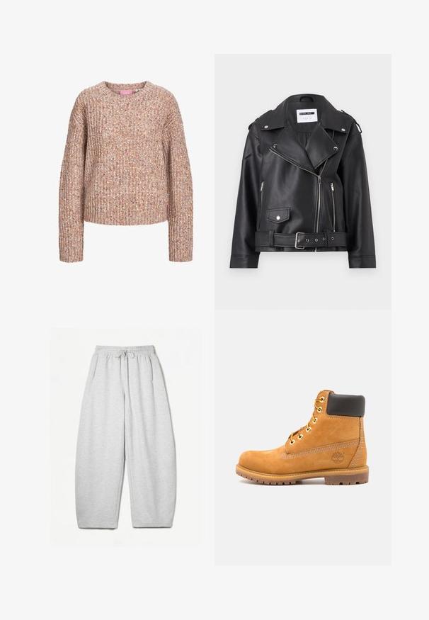Svart bikermantel i konstläder med silverfärgade dragkedjor, bälte i midjan och axelklaffar. Har en bred krage och asymmetrisk dragkedjestängning framtill.; Chunky stickad tröja i nyanser av beige och ljusbrun, med rund halsringning och lång ärm med en texturerad yta.; Ljusgrå sweatpants med avslappnad passform, elastiskt midjeband, dragsko och sidofickor; tillverkade av mjukt, texturerat tyg.; Brun läderankelboot med svart vaddering, gyllene öglor och en texturerad sula. Har en cirkulär logotyp på sidan och sömnadsdetaljer.