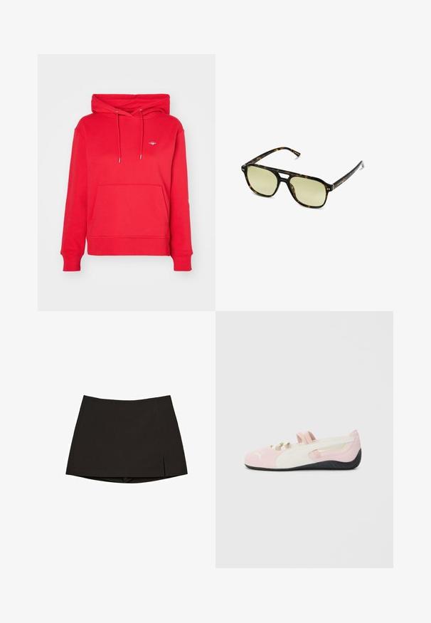 Schwarze Kunstleder-Bikerjacke mit silbernen Reißverschlüssen, Taillengürtel und Schulterklappen. Verfügt über einen breiten Kragen und einen asymmetrischen Frontreißverschluss.; GANT SHIELD HOODIE - Sweatshirt - bright red; Schwarzes kurzärmliges T-Shirt aus glattem Stoff. Mit Rundhalsausschnitt und einer lockeren Passform sowie einem geraden Saum.; Schwarzer Minirock aus glattem Stoff, mit geradem Schnitt, Seitenschlitzen und sauberem Saum. Einfach und vielseitig.; Rosa Wildlederschuhe zum Hineinschlüpfen mit weißen Akzenten, Gummisohle und elastischen Riemen. Verfügt über ein strukturiertes Design und ein kleines Logo auf der Vorderseite.; Schildkrötensonnenbrille mit rechteckiger Form, grün getönten Gläsern und gemusterten Acetatrahmen. Verfügt über metalliche Akzente in der Nähe der Gläser.