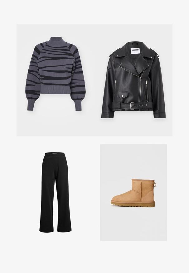 Giacca da motociclista in ecopelle nera con zip argentate, vita con cintura e spalline. Presenta un colletto ampio e una chiusura frontale con zip asimmetrica.; ONLY ONLFRIDA LIFE LS HIGHNECK - Maglione - magnet; Pantaloni della tuta neri con gamba ampia, realizzati in tessuto morbido. Presentano una vita elasticizzata e cuciture minime per il massimo comfort.; Stivali ankle in suede color tan con punta tonda, dettagli cuciti, linguetta sul retro e suola in gomma texture. Progettati per comfort e calore.