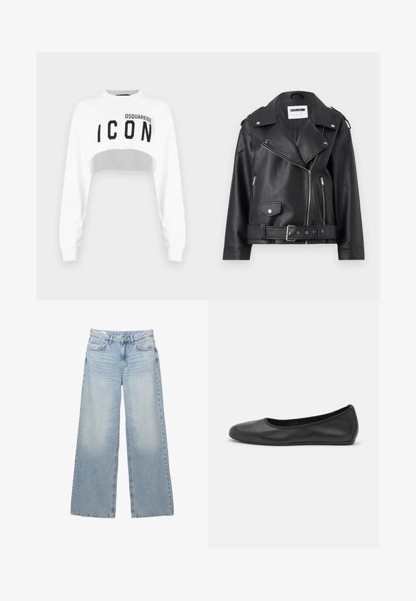 Schwarze Kunstleder-Bikerjacke mit silbernen Reißverschlüssen, Taillengürtel und Schulterklappen. Verfügt über einen breiten Kragen und einen asymmetrischen Frontreißverschluss.; Weißer, kurz geschnittener Pullover mit langen Ärmeln, runder Halsausschnitt und schwarzem "ICON"-Logo auf der Vorderseite. Aus einem glatten, weichen Stoff gefertigt.; Helleblaue, weit geschnittene Jeans aus Denim. Verfügt über fünf Taschen, Gürtelschlaufen und einen Knopfverschluss. Ausgebleichte Waschung mit dezenten Wischspuren.; Schwarze Leder-Ballettschuhe mit abgerundeter Spitze, glatter Textur, minimalen Nähdetails und einem flexiblen Sohlen-Design.
