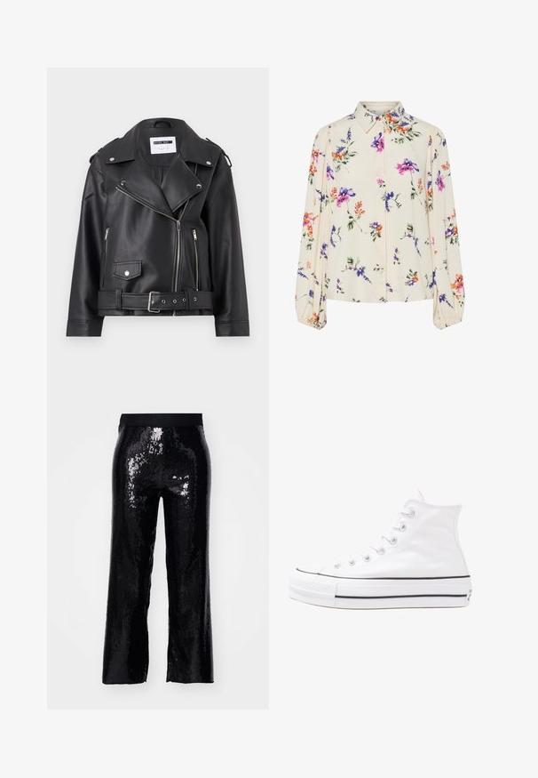 Črna cowboy jakna iz umetnega usnja s srebrnimi zadrgami, pasom in epauleti. Ima širok ovratnik in asimetrično zadrgo spredaj.; Cvetna bluzica z dolgimi puff rokavi, svetlo smetanaste barve, s purpurnimi, oranžnimi in zelenimi cvetličnimi vzorci ter klasičnim ovratnikom.; Črne sequinske hlače s ravnim krojem, elastičnim pasom in sijočo teksturo, ki odbija svetlobo. Polne dolžine, brez žepov in z gladkim zaključkom.; Beli visoki platneni športni čevelj z črnim gumijastim podplatom, sprednjim gumijastim zaščitnikom za prste in šestimi luknjicami za vezalke, ki se ponaša s preprostim, minimalističnim dizajnom.