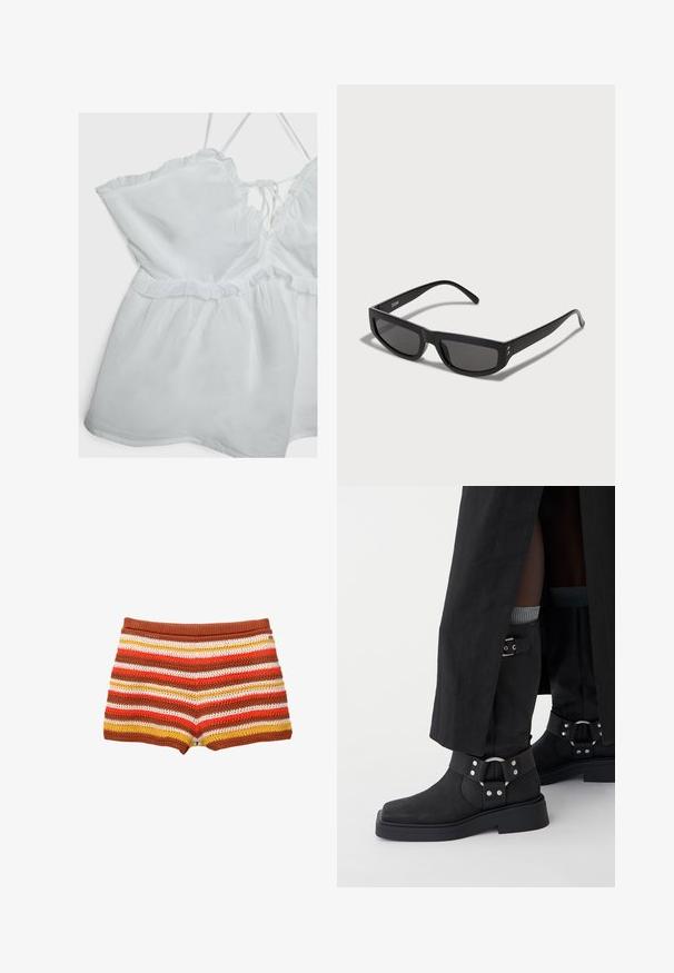 Schwarze Kunstleder-Bikerjacke mit silbernen Reißverschlüssen, Taillengürtel und Schulterklappen. Verfügt über einen breiten Kragen und einen asymmetrischen Frontreißverschluss.; Weißes ärmelloses Oberteil mit Rüsche, verstellbaren Trägern und gerafftem Bund. Hergestellt aus leichtem Stoff mit weicher Textur.; Gestrickte Shorts mit horizontalen Streifen in Rot, Orange, Gelb und Weiß, mit einem einfarbigen braunen Bund. Weicher, strukturierter Stoff.; Schwarze Ankle Boots aus Leder mit mattem Finish, rechteckiger Zehenpartie und dekorativen Schnallen. Die Sohle ist klobig und strukturiert.; Schwarze Sonnenbrille mit rechteckigem Rahmen, ausgestattet mit dunklen Gläsern und dünnen Bügeln. Goldene Akzente nahe den Scharnieren.
