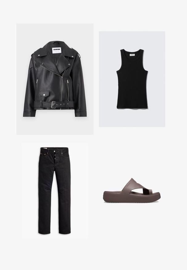 Czarna kurtka motocyklowa z sztucznej skóry z srebrnymi zamkami błyskawicznymi, paskiem w talii i naramiennikami. Posiada szeroki kołnierz i asymetryczne zapięcie na zamek błyskawiczny z przodu.; Czarny bawełniany top na ramiączkach z zaokrąglonym dekoltem, szerokimi ramiączkami oraz dopasowanym krojem. Zawiera logo marki w białym kolorze.; Czarne dżinsy o prostym kroju, pięciopocketowym designie i zapięciu na guziki. Zawierają mosiężne nity i akcenty w haftach.; Brązowe sandały na platformie z materiału gumowego, z krzyżującymi się paskami, otwartym przodem i teksturowaną podeszwą zapewniającą przyczepność. Logo po boku.