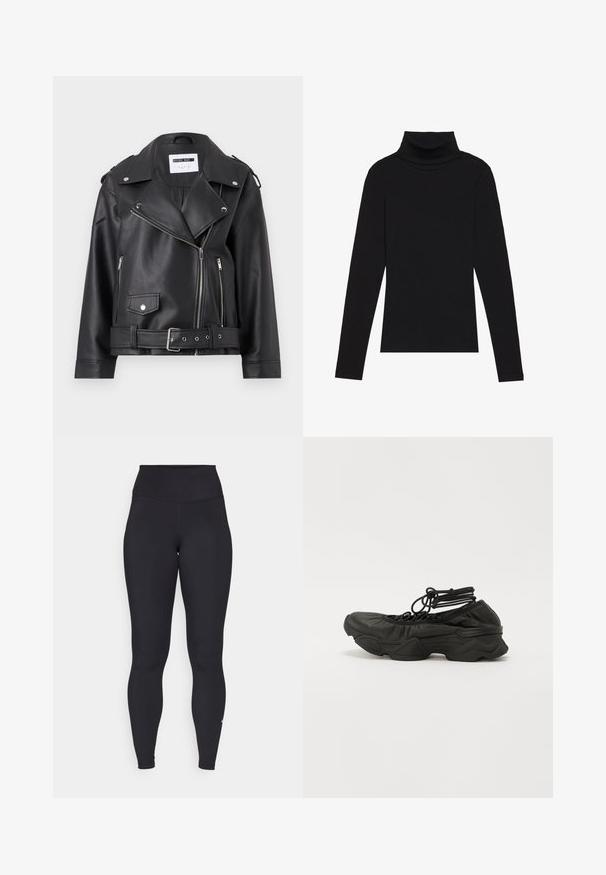 Black faux leather biker jacket with silver zippers, belted waist, and epaulets. Features a wide collar and asymmetric front zip closure.; Black turtleneck long-sleeve top, made of ribbed fabric, features a fitted design with a high neckline and no patterns or accents.; Black high-waisted leggings made from stretchy, smooth fabric. Features a fitted design with a logo accent near the ankle.; Black athletic shoe with a textured leather upper, rounded toe, and chunky sole. Laces secured with loops at the ankle for a snug fit.