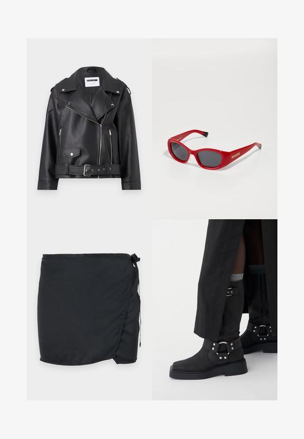 Czarna kurtka motocyklowa z sztucznej skóry z srebrnymi zamkami błyskawicznymi, paskiem w talii i naramiennikami. Posiada szeroki kołnierz i asymetryczne zapięcie na zamek błyskawiczny z przodu.; Czarny t-shirt z krótkim rękawem wykonany z gładkiego materiału. Posiada okrągły dekolt i luźny krój z prostym wykończeniem hemu.; Czarna spódnica do pływania z krojem kopertowym, wykonana z lekkiego materiału. Posiada zapięcie na boczny węzeł i gładką teksturę.; Czarne botki za kostkę wykonane ze skóry o matowym wykończeniu, z kwadratowym noskiem oraz ozdobnymi klamrami. Podeszwa jest masywna i teksturowana.; Czerwone plastikowe okulary przeciwsłoneczne z cienką, owalną ramką. Posiadają ciemne soczewki i złote logo po boku. Czarne akcenty na końcach zauszników.