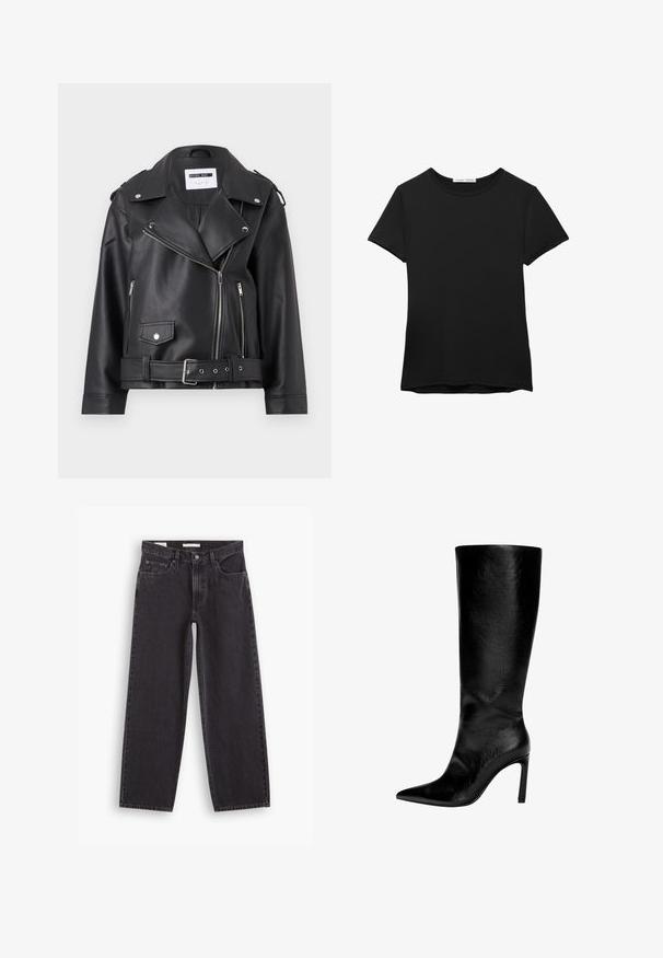 Crna faux kožna biker jakna sa srebrnim patentnim zatvaračima, pojasom u struku i epoletama. Ima široki ovratnik i asimetrično kopčanje na cijeloj dužini.; Crna majica kratkih rukava od glatkog materijala. Ima okrugli izrez i opušteni kroj s ravnim rubom.; Crne široke traperice od denima, sa visokim strukom, dizajnom s pet džepova i dvostrukim šivom. Čista završna obrada bez ukrasnih elemenata.; Čizme od crne kože do koljena s šiljastim vrhom, visokim štiklama, glatkom finišom i jednostavnim, elegantnim dizajnom bez ukrasa.
