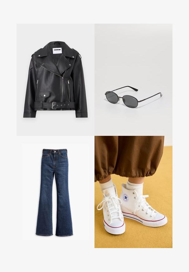 Fekete műbőr motoros dzseki ezüst cipzárakkal, övvel ellátott derékkal és vállpántokkal. Széles gallérral és aszimmetrikus elülső cipzárral rendelkezik.; Fehér, rövidujjú pamut póló, kerek nyakkivágással és laza szabással, látható minták vagy grafikák nélkül.; Magas derekú sötétkék farmernadrág, harang alakú lábakkal, elülső gombos és cipzáros zárással, valamint öt zsebes kialakítással.; Fehér magas szárú vászon sportcipők, gumitalppal, ezüst fűzőlyukakkal, piros és kék díszítéssel, valamint kör alakú logóval a bokán.; Fekete ovális napszemüveg sötét lencsékkel, vékony fém kerettel és egyenes szárakkal. A belső szárban található a márkád logója, továbbá orrtámaszokkal is rendelkezik.; The North Face PACK UNISEX - Övtáska - black/asphalt grey