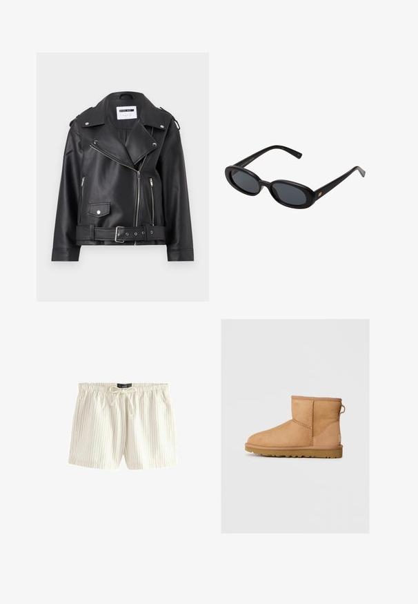 Černá bikerská bunda z umělé kůže se stříbrnými zipy, páskem v pase a epauletami. Obsahuje široký límec a asymetrické přední zapínání na zip.; Bílý dlouhý rukáv top vyrobený z měkké, hladké látky. Má kulatý výstřih a slim fit s minimálními švy.; Světlé krémové šortky s vertikálními modrými pruhy, vyrobené z měkké látky, se elastickým pasem se stahovací šňůrkou a bočními kapsami.; Světlé semišové kotníkové boty s kulatou špičkou, prošívanými detaily, poutkem vzadu a texturovanou gumovou podrážkou. Navrženo pro pohodlí a teplo.; Černé oversized sluneční brýle s oválnými čočkami, hladkým plastovým rámem a zlatými akcenty na spáncích. Tmavé čočky poskytují ochranu před sluncem.