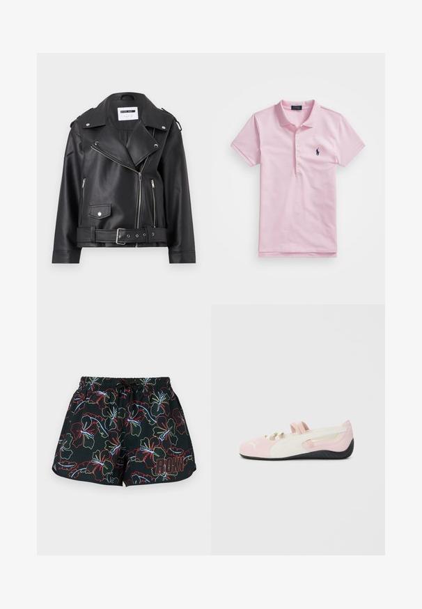 Zwarte nepleer motorjack met zilveren ritssluitingen, ceintuur in de taille en epauletten. Voorzien van een brede kraag en een asymmetrische ritssluiting aan de voorkant.; Roze poloshirt van katoen, met een klassieke kraag, drie knopen, korte mouwen en een klein marineblauw logo op de borst.; Zwarte zwemshorts met een kleurrijk bloemenpatroon in rood, groen en blauw. Elastische tailleband met trekkoord; "ROXY" logo aan de zijkant.; Roze suede instapper met witte accenten, rubberen zool en elastische bandjes. Kenmerkt zich door een gestructureerd ontwerp en een klein logo aan de voorkant.
