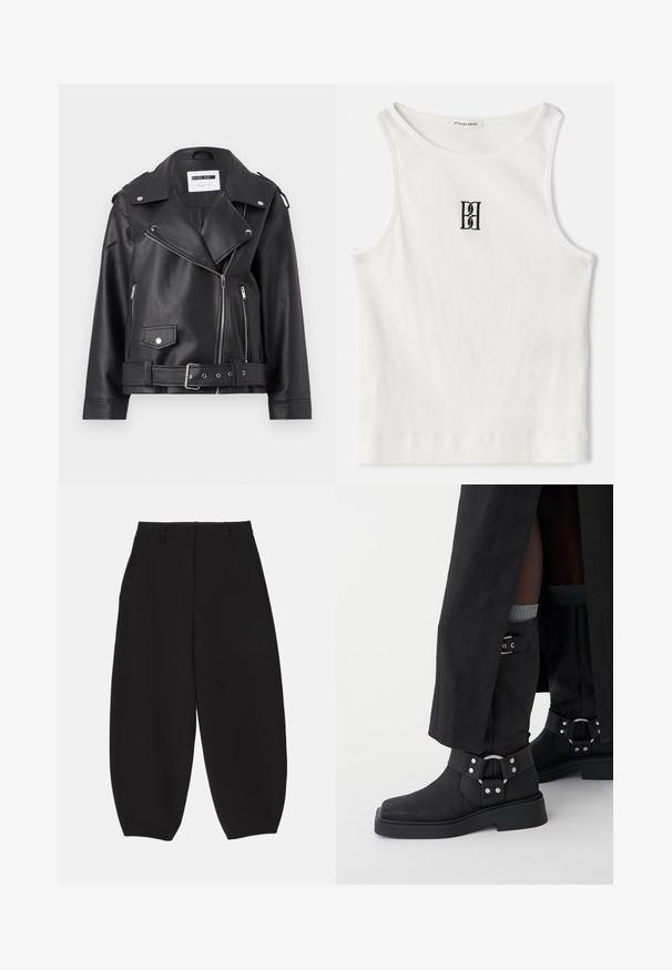 Melnā mākslīgās ādas motociklistu jakā ar sudraba rāvējslēdzējiem, jostu viduklī un epauletiem. Īpaši iezīmē platā apkakle un asimetrisks priekšējais rāvējslēdzējs.; Balts ribots bez piedurknēm, kuram centrā uz krūtīm ir melns izšūts logo. Kakla un roku caurumu malas ir rūpīgi apstrādātas ar smalku apdari.; Melnas, plašas bikses, kas izgatavotas no gludas auduma ar piegriezuma dizainu, piedāvājot priekšējās kabatas un plakanu jostasvietu ar jostas cilpām.; Melnas potītes kurpes izgatavotas no ādas ar matētu apdari, ar kvadrātu purngaliem un dekoratīvām sprādzēm. Zole ir masīva un ar tekstūru.