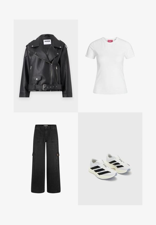 Chaqueta de moto de imitación cuero negra con cremalleras plateadas, cintura ajustable con cinturón y hombreras. Presenta un amplio cuello y un cierre delantero con cremallera asimétrica.; Camiseta blanca de algodón con mangas cortas y cuello redondo. Cuenta con una etiqueta rosa en el interior del cuello. Textura suave.; Pantalones cargo negros con un corte relajado, cinturilla elástica, múltiples bolsillos frontales y bolsillos laterales. Fabricados con material de denim duradero.; Zapatillas deportivas blancas con rayas y logotipo en negro, que cuentan con una parte superior de malla, puntera redondeada y una suela gruesa color crema para mayor amortiguación.