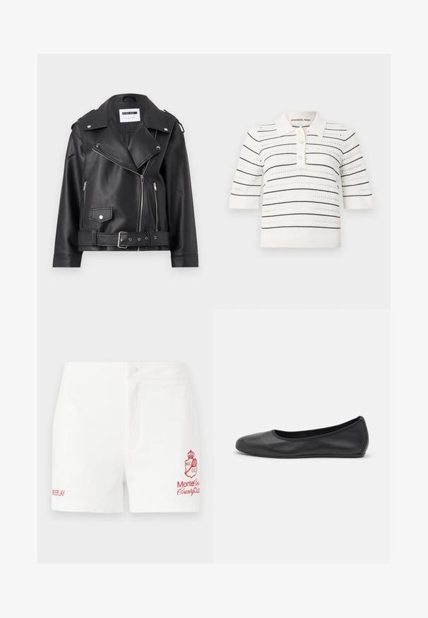 Melnā mākslīgās ādas motociklistu jakā ar sudraba rāvējslēdzējiem, jostu viduklī un epauletiem. Īpaši iezīmē platā apkakle un asimetrisks priekšējais rāvējslēdzējs.; Krievo īsām piedurknēm polo krekls krēmkrāsā ar melniem svītrām. Tam ir pogu aploksne, adītā faktūra un atvērtā darba dizains ventilācijai.; Baltas kokvilnas šorts ar priekšējo pogu aizdari, sānu kabatām un sarkanu izšuvumu ar Monte Carlo Country Club un zīmola nosaukumu.; Melna ādas baleta kurpe ar noapaļotu purngalu, gludu tekstūru, minimālu šuvju detalizāciju un elastīgu zoles dizainu.