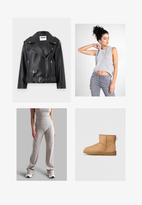 Juodas dirbtinės odos motociklininkų švarkas su sidabriniais užtrauktukais, diržu juosmens srityje ir epauletėmis. Yra plati apykaklė ir asimetriška priekinių užtrauktukų uždarymo sistema.; Pilkas be rankovių džemperis su priekinėmis kišenėmis, apkarpytas ir su raišteliais; dėvimas su pilkomis prigludusiomis džinsais. Lygi tekstūra ir kasdieniškas stilius.; Pilką juostuotą liemenėlę ir derančius kelnes, pagamintas iš tamprios medžiagos. Kelnės turi platėjantį dizainą ir derinamos su šviesiais sportbačiais.; Tan suede aulinukai iki kulkšnies su apvaliu nosiu, siuvinėtomis detalėmis, užtraukiamu lipduku gale ir tekstūruotu guminėmis padais. Sukurta komfortui ir šilumai.