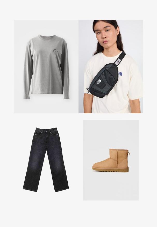 Svart bikermantel i konstläder med silverfärgade dragkedjor, bälte i midjan och axelklaffar. Har en bred krage och asymmetrisk dragkedjestängning framtill.; Långärmad grå bomullsskjorta med rund halsringning och en liten svart logotypdetalj på vänster bröst. Mjuk textur, avslappnad passform.; Höga svarta denimjeans med vida ben, femficksdesign och synlig sömnad. Tyget har en jämn, något texturerad yta.; Tan mockasinfärgad ankelbotten med rund tå, sydda detaljer, dragflik på baksidan och ett strukturerat gummisul. Designad för komfort och värme.; The North Face PACK UNISEX - Bältesväska - black/asphalt grey