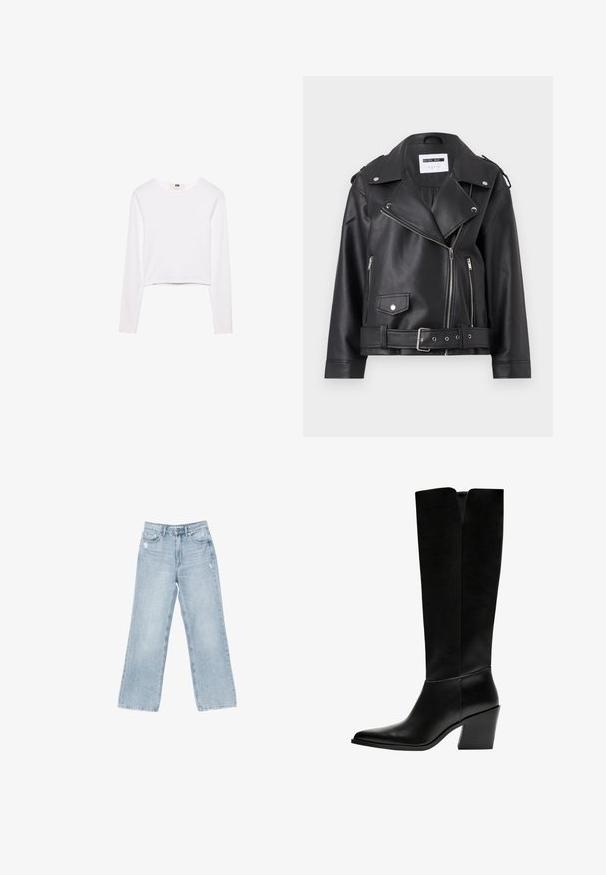 Black faux leather biker jacket with silver zippers, belted waist, and epaulets. Features a wide collar and asymmetric front zip closure.; White long-sleeve crop top made from soft fabric. Features a round neckline and a simple, sleek design without any patterns or embellishments.; Light blue denim jeans with a wide-leg cut, distressed detailing, five-pocket design, and a zip-fly closure.; Black knee-high boots made of smooth leather, featuring a pointed toe, a block heel, and a V-shaped cutout at the top.