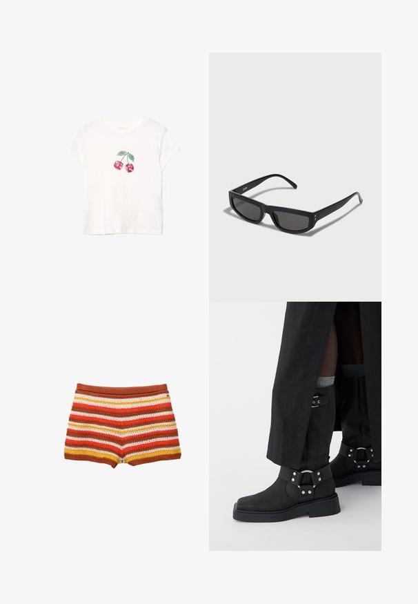 Černá bikerská bunda z umělé kůže se stříbrnými zipy, páskem v pase a epauletami. Obsahuje široký límec a asymetrické přední zapínání na zip.; Bílá bavlněná trička s grafikou červené třešně a zelenými listy, krátké rukávy a kulatý výstřih. Měkká textura, ležérní design.; Háčkované šortky s horizontálními pruhy v červené, oranžové, žluté a bílé barvě, s pevným hnědým pasem. Měkká, texturovaná látka.; Černé kotníkové boty vyrobené z kůže s matným povrchem, čtveratou špičkou a dekorativními sponami. Podešev je robustní a texturovaná.; Černé sluneční brýle s obdélníkovým rámem, s tmavými skly a tenkými nožkami. Zlaté akcenty poblíž pantů.