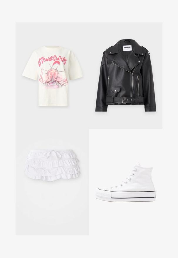 Černá bikerská bunda z umělé kůže se stříbrnými zipy, páskem v pase a epauletami. Obsahuje široký límec a asymetrické přední zapínání na zip.; Krémové bavlněné tričko s grafickým designem zobrazujícím slunce, horu a vířící cestu v růžových a šedých tónech. Krátké rukávy.; Bílé plavkové sukénka s volánky a vícevrstvou konstrukcí, která má šňůrku na stažení v pase. Měkký materiál s hladkou texturou.; Bílé vysoké plátěné tenisky s černou gumovou podrážkou, přední gumovou špičkou a šesti očky na tkaničky, se čistým, minimalistickým designem.
