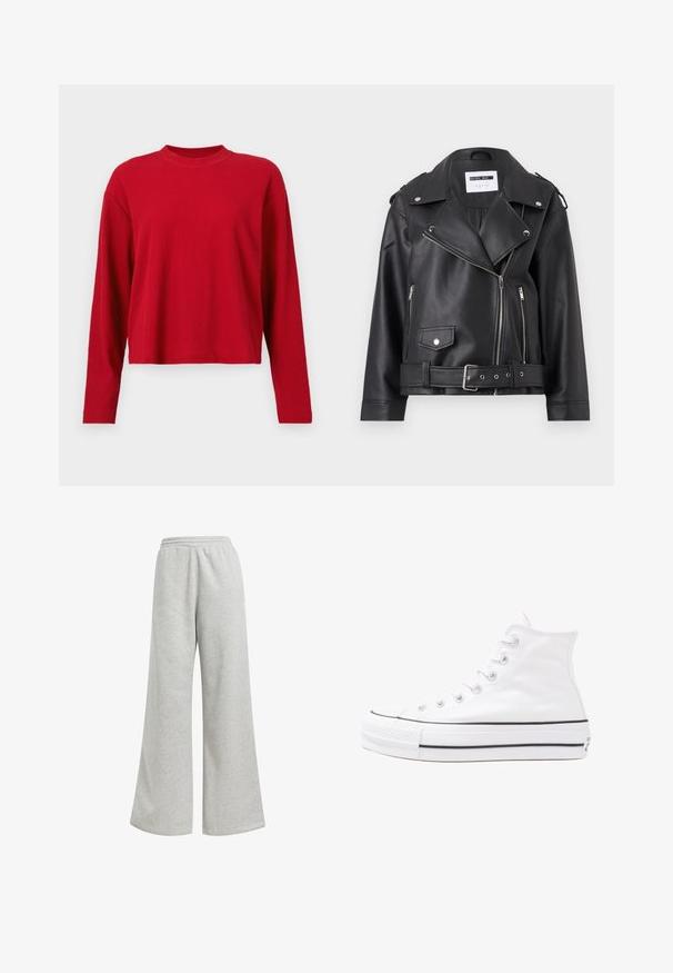 Črna cowboy jakna iz umetnega usnja s srebrnimi zadrgami, pasom in epauleti. Ima širok ovratnik in asimetrično zadrgo spredaj.; Rdeča rebrasta majica z dolgimi rokavi, ki ima visok ovratnik in ohlapen kroj, izdelana iz mehkega materiala z rahlo teksturo po celotni površini.; Sive trenirke z širokimi hlačnicami, izdelane iz mehke bombažne tkanine. Imajo elastičen pas in minimalne okrase.; Beli visoki platneni športni čevelj z črnim gumijastim podplatom, sprednjim gumijastim zaščitnikom za prste in šestimi luknjicami za vezalke, ki se ponaša s preprostim, minimalističnim dizajnom.