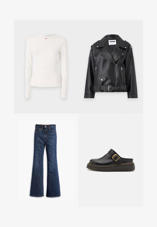 Mustast faux-nahast motorratturite jope, millel on hõbedased tõmblukud, vöökoht ja õlavarreklapid. Omab laia kraed ja asümmeetrist esi tõmblukku.; Pikad varrukad, ribakujuline valge topp ümmarguse kaeluse, kulunud äärise ja kaeluse lähedal diskreetse lilleaktsendiga. Pehme, tekstureeritud kangas.; Kõrgelt talje sinised teksapüksid, flöödid säärtedega, ees nupuga ja tõmbluku sulgemine ning viie-tasku disain.; Must musta nahkse tugi, millel on lai rihm ja messingist luku detail. Omab tekstureeritud kummitalda koos kollaste õmblustega.