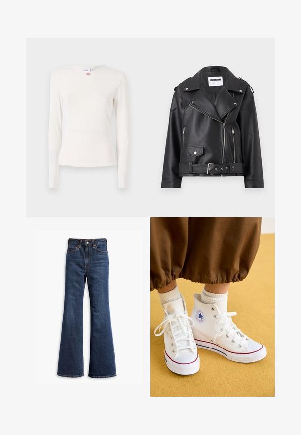 Black faux leather biker jacket with silver zippers, belted waist, and epaulets. Features a wide collar and asymmetric front zip closure.; Long-sleeve, ribbed white top with a round neckline, frayed hem, and subtle floral accent near the collar. Soft, textured fabric.; High-waisted dark blue denim jeans with flared legs, front button and zipper closure, and five-pocket design.; White high-top canvas sneakers with a rubber sole, featuring silver eyelets, a red and blue trim, and a circular logo on the ankle.