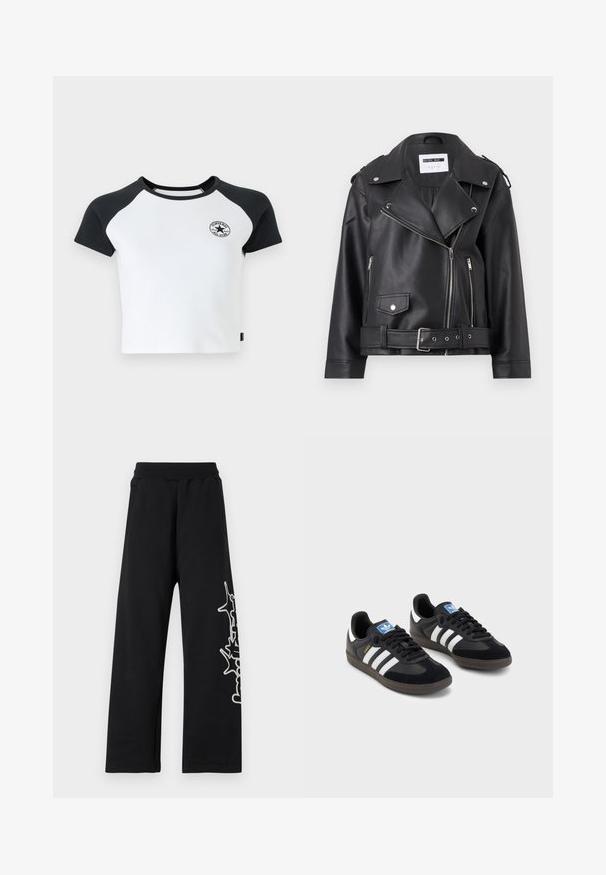 Melnā mākslīgās ādas motociklistu jakā ar sudraba rāvējslēdzējiem, jostu viduklī un epauletiem. Īpaši iezīmē platā apkakle un asimetrisks priekšējais rāvējslēdzējs.; Baltā krāsā ar melniem piedurknēm, īsajiem piedurknēm raglan stila t-krekls, ar apaļu kakla izgriezumu un apļa logotipu uz krūškurvja. Izgatavots no kokvilnas auduma.; Melnas sporta bikses ar platām kājām, elastīgu jostu, sānu kabatām un baltu grafisko dizainu pa kreiso kāju. Izgatavotas no mīksta auduma.; Melnas sporta apavas ar zamšādas un sintētisku augšdaļu, ar trim baltām svītrām, teksturētu gumijas zoli un zilu logo birku uz mēles.