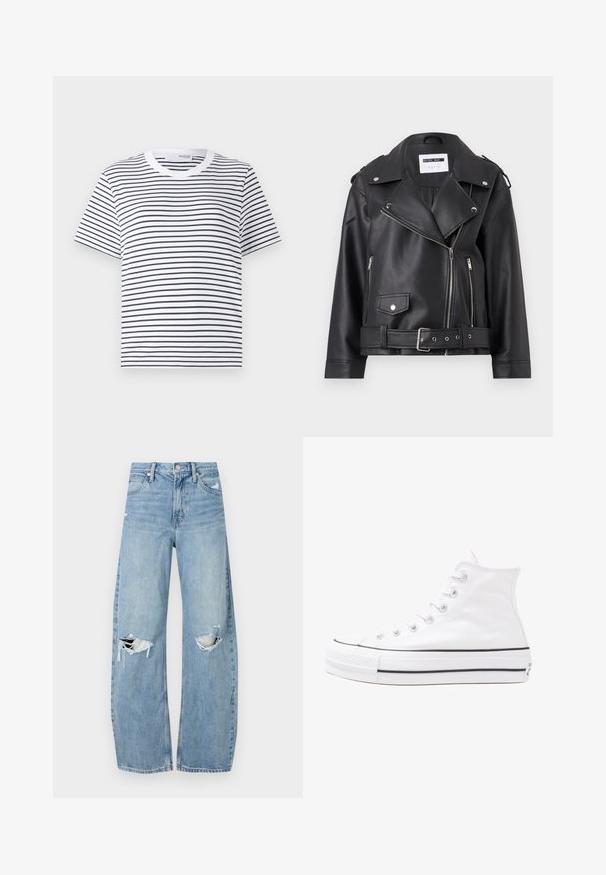 Mustast faux-nahast motorratturite jope, millel on hõbedased tõmblukud, vöökoht ja õlavarreklapid. Omab laia kraed ja asümmeetrist esi tõmblukku.; Valge t-särk mustade horisontaalsete triipudega, ümmargune kaelus, lühikesed varrukad ja mugav lõige. Puuvillane materjal, lihtne disain.; Heledad hallideega sinised teksad, millel on kõrge talje. Teksade jalgadel on lai alus, kaks rebitud kohta põlvede ümber ning klassikaline viie tasku stiil.; Valge kõrgem kangast tenniseking, millel on must kummist tald, ees kummist varvasetugi ja kuus aukku paelte jaoks, pakkudes puhta ja minimalistliku disaini.