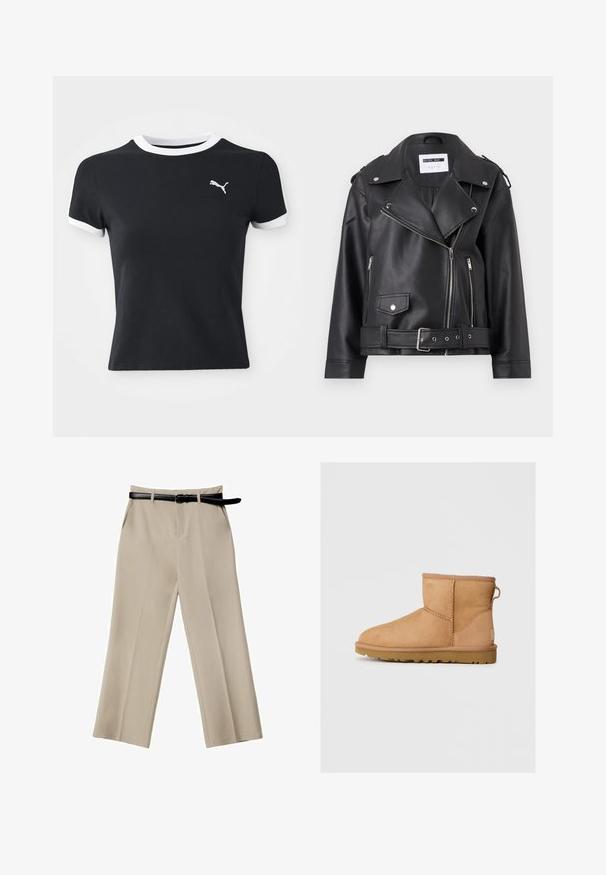 Černá bikerská bunda z umělé kůže se stříbrnými zipy, páskem v pase a epauletami. Obsahuje široký límec a asymetrické přední zapínání na zip.; Černé bavlněné tričko s bílým límečkem a akcenty na rukávech; na levé straně hrudi se nachází malé bílé logo Puma. Krátké rukávy, přiléhavý střih.; Béžové široké kalhoty s hladkou texturou, předními kapsami a černým koženým páskem. Ušité s přesným designem a ostrými záhyby.; Světlé semišové kotníkové boty s kulatou špičkou, prošívanými detaily, poutkem vzadu a texturovanou gumovou podrážkou. Navrženo pro pohodlí a teplo.