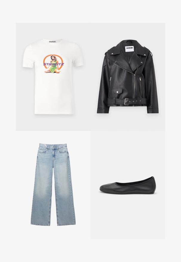 Čierna faux kožená biker bunda so striebornými zipsami, pásom a epauletmi. Má široký golier a asymetrické zapínanie na zips vpredu.; Biela bavlnená tričko s grafickým potlačou sediacej ženy v zelenej šaty, obklopenej oranžovým kruhom a fialovým textom.; Svetlomodré nohavice s širokými nohavicami vyrobené z denimu. Majú päť vreciek, pútka na opasok a zapínanie na gombík. S jemným opotrebovaním a osvetlením.; Čierne kožené baleríny s okrúhlou špičkou, hladkým povrchom, minimálnym prešívaním a flexibilným dizajnom podrážky.