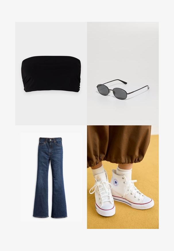 Sort faux læder bikerjakke med sølv lynlåse, bælte i taljen og epauletter. Har krave i bred model og asymmetrisk lynlåslukning foran.; Sort bandeau top lavet af glat stof, med et enkelt design uden stropper, samlet detalje på den ene side og en sømløs afslutning.; Højtaljede mørkeblå denim jeans med udvidede ben, frontknap og lynlås lukning, samt fem-lommer design.; Hvide højtop canvas sneakers med gummisål, der har sølvøjer, en rød og blå kant, samt et rundt logo ved anklen.; Sorte ovale solbriller med mørke linser, tynd metalramme og lige stænger. Har brandlogo på den indre arm og næsepuder.