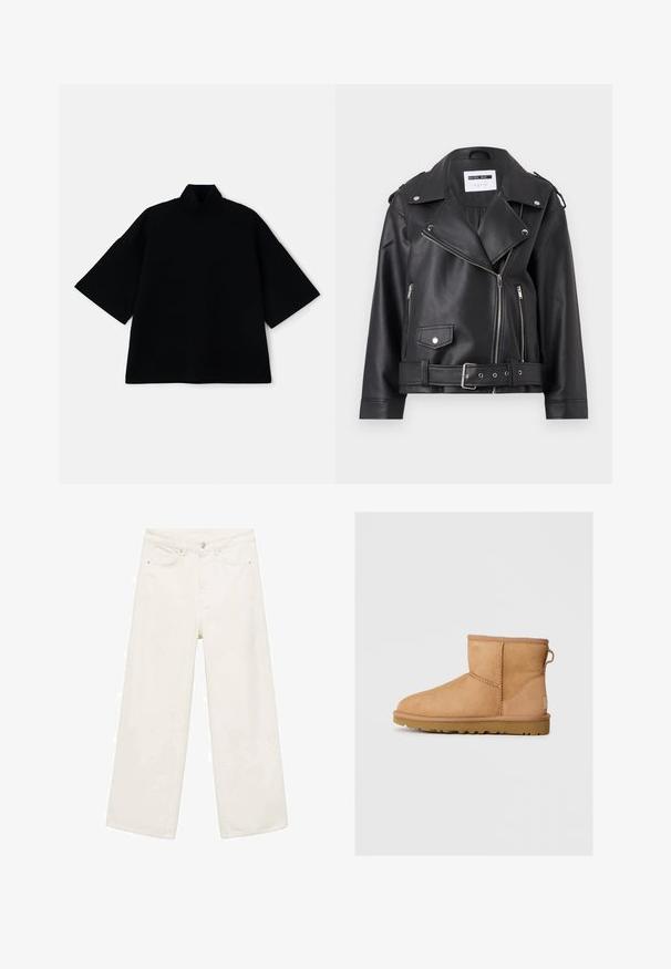 Sort faux læder bikerjakke med sølv lynlåse, bælte i taljen og epauletter. Har krave i bred model og asymmetrisk lynlåslukning foran.; Sort løs siddende top med korte brede ærmer og design med høj hals. Stoffet ser blødt ud med en glat tekstur.; Vide ben hvide denim bukser med fem lomme-design, metal knaplukning og rene syninger.; Brune suede ankelstøvle med rund tå, stikninger, en pull tab bagpå og en tekstureret gummisål. Designet til komfort og varme.