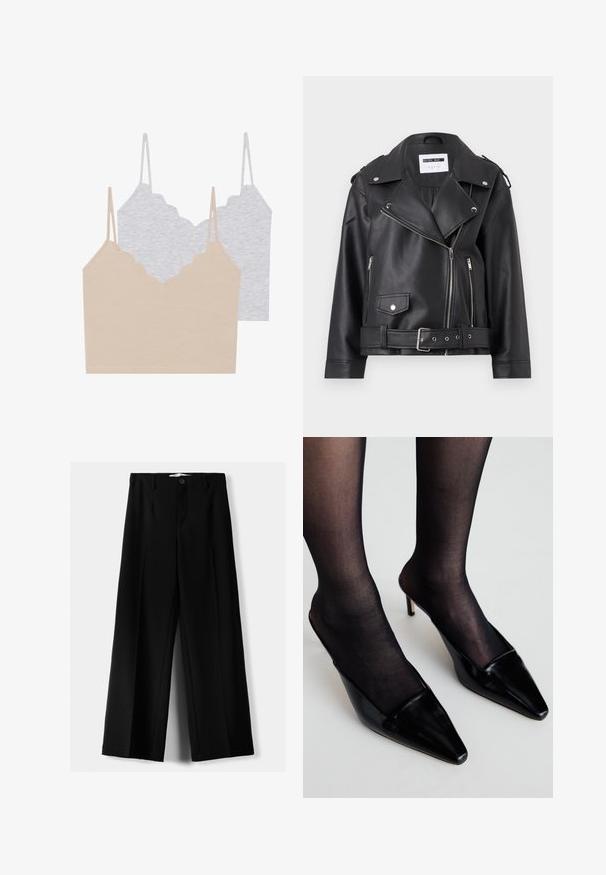 Jachetă de biker din piele sintetică neagră, cu fermoare argintii, talie cu curea și epoleți. Prezintă un guler lat și închidere asimetrică cu fermoar.; Două topuri tip camisole: unul bej și unul gri deschis. Fiecare are bretele subțiri și un decolteu cu margini ondulate, fiind realizate dintr-un material moale și elastic.; Pantaloni negri cu picior larg, fabricați dintr-un material ușor, cu închidere frontală cu nasture și față plată, având tivuri cusute cu atenție.; Mule-uri din piele patentată neagră, cu vârful ascuțit și un design cu decolteu joasă. Prezintă un toc subțire și sunt asortate cu ciorapi negri transparenți.