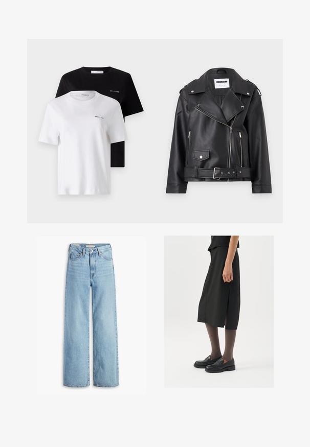 Mustast faux-nahast motorratturite jope, millel on hõbedased tõmblukud, vöökoht ja õlavarreklapid. Omab laia kraed ja asümmeetrist esi tõmblukku.; Kaks lühikeste varrukatega t-särki mustas ja valges värvis, valmistatud puuvillast. Mõlemal on ümara kaelusega krae ja väike "SELECTED" logo rinnal.; Kõrge vöökohaga helesinised laiad püksid, millel on ees nupud ja lukud, vööd ja viie tasku stiil.; Must mustre, millel on küljes lõhe, mustad mokassiinid ja läbipaistvad pruunid sukkpüksid, hellitad sujuva kangaga ja lihtsa disainiga.