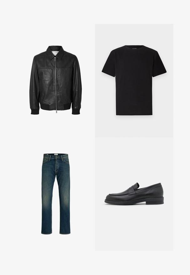 Selected Homme SLHDEON JACKET - Skinnjakke - black; Svart t-skjorte med korte ermer laget av myk bomull, med rund hals og rett snitt uten synlige mønstre eller detaljer.; Denim jeans med en middels blå vask, rett ben cut, klassisk fem-lommers design og lys fading på lårene for tekstur.; Sorte skinnloafers med rund tå, sydd detaljering og lav, tykk hæl. Har en jevn tekstur og minimalistisk design.