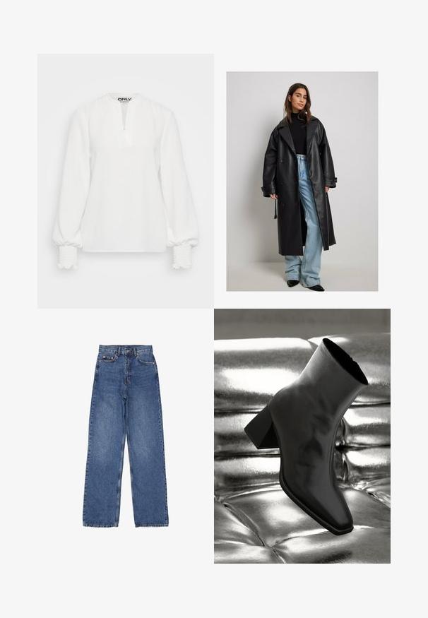 Schwarzer Leder-Trenchcoat mit großem Kragen, doppelt geknöpfter Vorderseite und umgeschlagenen Manschetten, kombiniert mit hellblauen Schlagjeans.; Weißes Langarmoberteil mit Knopfleiste, strukturiertem Stoff und gerafften elastischen Bündchen. Einfache, lässige Passform. Markenlabel "ONLY" im Inneren sichtbar.; Jeans aus Denim mit hoher Taille und weitem Bein, in einer klassischen blauen Waschung, mit sichtbaren Nähten und metallischen Verzierungen an der Vordertasche.; Schwarzer Knöchelstiefel aus glänzendem Material mit quadratischer Zehenform und verjüngtem Absatz, vor einem glänzenden silbernen gepolsterten Hintergrund.