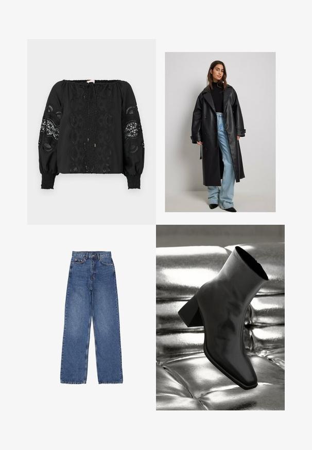 Cappotto trench in pelle nera con un ampio colletto, chiusura doppiopetto e maniche arrotolate, abbinato a jeans svasati blu chiaro.; Blusa nera off-the-shoulder con dettagli in pizzo, polsini smock e coulisse. Caratterizzata da intricati motivi ricamati sulle maniche.; Jeans in denim con vita alta e gambe larghe, caratterizzati da un classico lavaggio blu, cuciture visibili e dettagli metallici sulla tasca frontale.; Stivale alla caviglia nero realizzato in materiale lucido con punta quadrata e tacco affusolato, posizionato su uno sfondo argentato lucido con imbottiture a sfera.