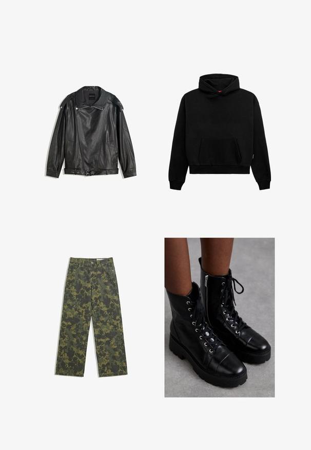 Giacca biker in ecopelle nera con dettagli in zip, vita con cintura, spalline con bottoni a pressione e tasche frontali, distesa piatta.; Felpa nera con cappuccio in misto cotone. Presenta una tasca frontale, polsini e orlo a costine, con una vestibilità cropped rilassata. Texture liscia.; Pantaloni larghi camouflage in verde scuro e oliva, con un motivo a foglie. Realizzati in cotone con un classico design a cinque tasche e chiusura con bottone.; MICHAEL Michael Kors BLAKE BOOTIE - Stivaletti stringati - black