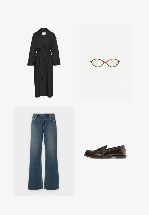 Black trench coat with a double-breasted front, wide collar, belted waist, and long sleeves. Made from smooth, lightweight fabric.; Black turtleneck sweater with a ribbed collar, hem, and cuffs. Made from a soft knit material, featuring a relaxed fit and seamless design.; Wide-leg denim jeans in medium blue with a faded finish. Features five pockets, belt loops, and a metal button closure. Cotton fabric.; Brown leather loafer with a stitched detailing across the vamp, a low heel, and a smooth finish. Subtle texture enhances its polished appearance.; Tortoiseshell eyeglasses with oval lenses and a sleek, smooth finish. Features thin sides with a subtle curve at the temples. Clear lenses.; Black leather handbag with a curved shape, adjustable double handles, and a gold brand logo on the front. Smooth texture, minimalist design.