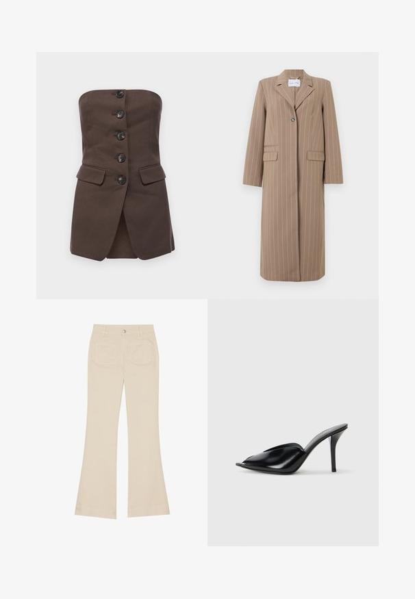 Bruine gestreepte lange blazer met een kraag met inkeping, enkele knoopsluiting en twee voorzakken. Glad materiaal en een tailormade pasvorm.; Malina LEX TAILORED BUSTIER - Top - chocolate; Beige wijde broek met een hoge taille, gemaakt van katoen. Voorzien van voor- en achterzakken, riemlussen en een enkele zilveren knop.; Zwarte leren muiltjes met hoge hakken, open teen, spitse vorm, gladde textuur en een slanke stiletto-hak.