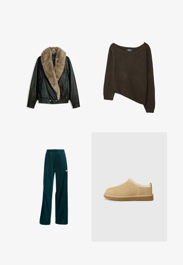 Černá kožená bunda s odnímatelným krémovým umělým kožešinovým límcem, elastickým pasem a dvěma předními knoflíky. Má dlouhé rukávy a hladký povrch.; Hnědý, volně pletený svetr s asymetrickým lemem a širokým výstřihem. Měkká textilie s žebrovanými manžetami a štítkem uvnitř výstřihu.; Tmavě modré sportovní kalhoty vyrobené z lehkého materiálu, s jednoduchým designem, elastickým pasem a bílými bočními akcenty.; Semišové nazouvací boty v světle hnědé barvě, s měkkou koženou podšívkou a texturovanou gumovou podrážkou s mírným podpatkem a poutkem na zadní straně pro snadné obutí.