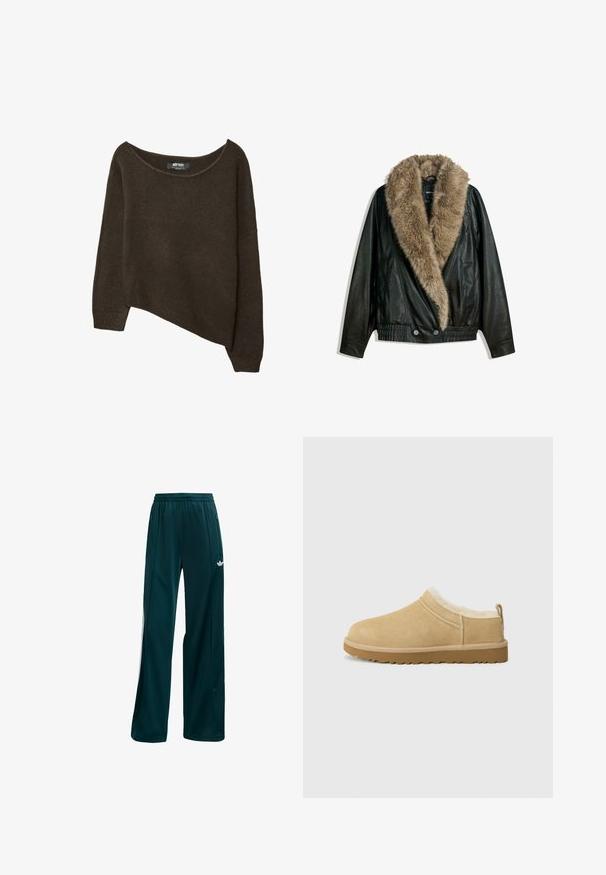 Černá kožená bunda s odnímatelným krémovým umělým kožešinovým límcem, elastickým pasem a dvěma předními knoflíky. Má dlouhé rukávy a hladký povrch.; Hnědý, volně pletený svetr s asymetrickým lemem a širokým výstřihem. Měkká textilie s žebrovanými manžetami a štítkem uvnitř výstřihu.; Tmavě modré sportovní kalhoty vyrobené z lehkého materiálu, s jednoduchým designem, elastickým pasem a bílými bočními akcenty.; Semišové nazouvací boty v světle hnědé barvě, s měkkou koženou podšívkou a texturovanou gumovou podrážkou s mírným podpatkem a poutkem na zadní straně pro snadné obutí.