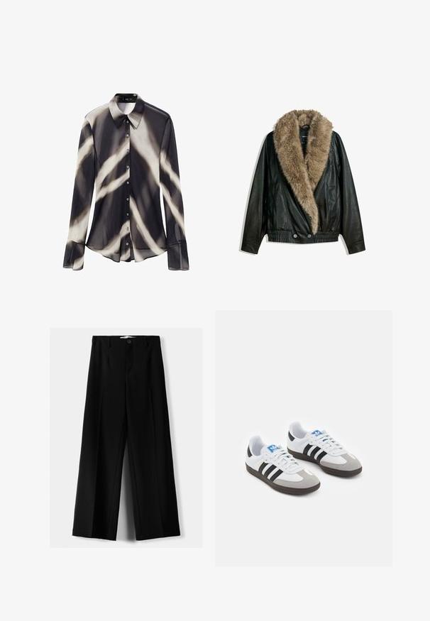 Čierna kožená bunda s odnímateľným bezovými umelými kožušinami na golieri, elastickým pásom a dvoma prednými gombíkmi. Má dlhé rukávy a hladký povrch.; Mango ALLEGRA - Blúzka so zapínaním na gombíky - black; Čierne široké nohavice z ľahkého materiálu, s predným zapínaním na gombík a plochým predným dielom, s pekne ušitými lemami.; Športové topánky s bielym koženým zvrškom, šedou semišovou špičkou a tromi čiernymi pruhmi. Obsahujú modré logo na jazyku a štruktúrovanú gumovú podrážku.