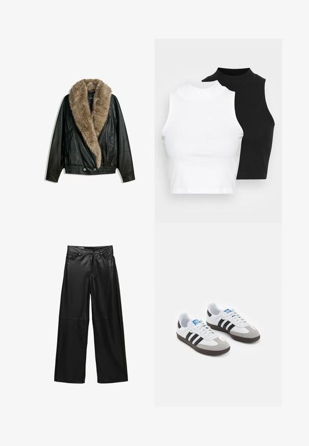 Zwarte leren jas met een afneembare tankleurige nepbontkraag, elastische taille en twee knopen aan de voorkant. Heeft lange mouwen en een soepele textuur.; Twee mouwloze ribgebreide coltruien in zwart en wit, met een slim fit ontwerp en een gladde textuur, met een cropped lengte.; Zwarte neplederen broek met wijde pijpen, voorzakken, riemlussen, knoopsluiting en naaddetails onder de knieën.; Sportschoenen met een witte leren bovenkant, grijze suède neus en drie zwarte strepen. Bevat een blauw logo op de tong en een gestructureerde rubberen zool.