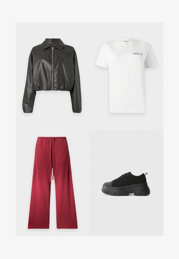 Skraćena jakna od tamnosive umjetne kože s oblikovanim ovratnikom i prednjim zatvaračem, s elastičnim manžetama i glatkom teksturom.; Bjela pamučna majica s kratkim rukavima, okruglog izreza, s malim crnim logotipom "REPLAY" na lijevoj strani prsnog koša. Glatka tekstura.; Crvene široke hlače od mekog materijala, s elastičnim pojasom i vezicom, te bočnim džepovima za praktičnost.; Crne tenisice s debelim gumenenim potplatom, teksturiranim gornjim dijelom od tkanine, okruglim vrhom i dizajnom s vezicama. Imaju pojačane rupice za vezice i dodatak za povlačenje straga.