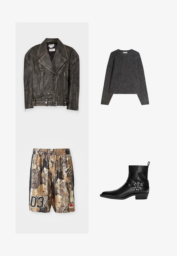 Dhruv Kapoor WASHED BIKER JACKET - Kožená bunda - grey; Bershka FUZZY - Svetr - dark grey; Černé tričko s dlouhým rukávem vyrobené z bavlny, s kulatým výstřihem a rovnýmsilou, s malým logem na rukávu.; Maskáčové šortky s elastickým pasem, v odstínech hnědé a černé, s velkým bílým číslem "03" a červeným logem Adidas.; Černá kožená kotníková bota s špičatou špičkou, dekorativním páskem a detailním kulatým sponou, a nízkým podpatkem. Hladká textura s minimem švů.