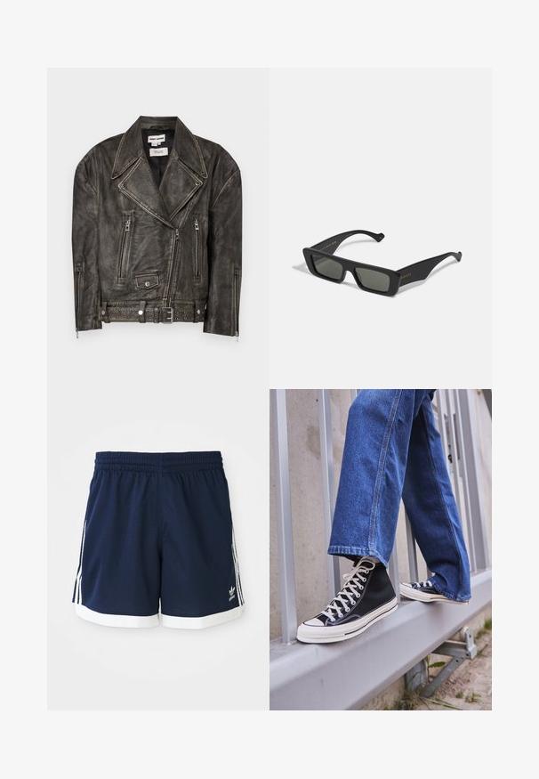 Dhruv Kapoor WASHED BIKER JACKET - Ādas jaka - grey; Melna garām piedurknēm t-krekls, izgatavots no kokvilnas, ar apaļu dekoltē un taisnu griezumu, ar nelielu logo detaļu uz piedurknes.; Navy zila Adidas sporta šorti ar baltu apdari un trim baltiem stāvošiem svītrām katrā pusē, elastīga josta.; Melnas augstas kedas ar baltu zoli un auklām, apvienotas ar brīvām zilām džinsām, atpūšoties uz pelēka margotā balsta.; Melnas taisnstūra saulesbrilles ar tumšiem stikliem, izgatavotas no gludas plastmasas. Satur zelta burtnīcas uz sāniem, plānas rokturi un mūsdienīgu dizainu.