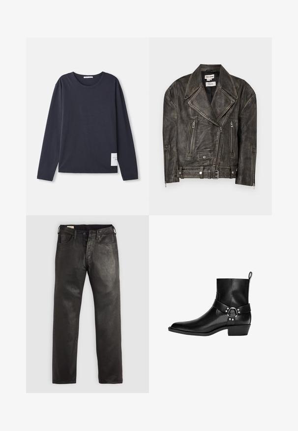 Dhruv Kapoor WASHED BIKER JACKET - Kožená bunda - grey; Pánské dlouhé rukávy tričko s kulatým výstřihem z tmavě námořnické bavlny s jemnou texturou, s malou bílou etiketou na levé straně.; Černé džíny z denimu s rovnými nohavicemi, vybavené knoflíkovým a zipovým uzávěrem, pěti kapsami a hladkou texturou.; Černá kožená kotníková bota s špičatou špičkou, dekorativním páskem a detailním kulatým sponou, a nízkým podpatkem. Hladká textura s minimem švů.